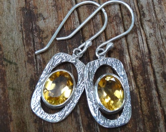 Citrine gemstone Sterling Silver Earrings, Natural Yellow Citrine Earrings, Oval Natural Citrine Dangle Earrings, Yellow, Bohemian Earrings