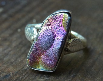 Natural Sterling Silver Titanium Druzy Ring Size 6.5 - Natural Druzy Ring - Titanium Druzy Ring Size 6 7 - Handmade Druzy ring  Rainbow ring