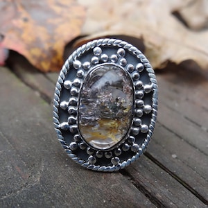 925 - Rare Lodolite Garden Quartz Ring Size 8.5, Sterling silver Scenic Quartz Ring, Lodolite Ring Size 8 9, Statement Ring, Raw Quartz Ring