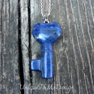 Heart Key - 925 Blue Sodalite Sterling Silver Necklace, Sterling Silver Key pendant, Natural stone, Carved Key necklace, Heart pendant Key