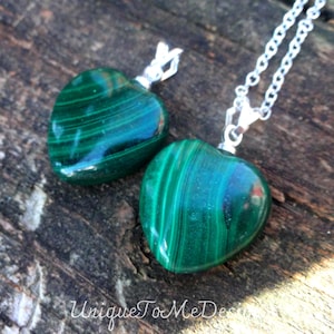 925 Natural Malachite Heart Sterling Silver Necklace, silver Natural stone Heart pendant, Green Malachite necklace, crystal healing