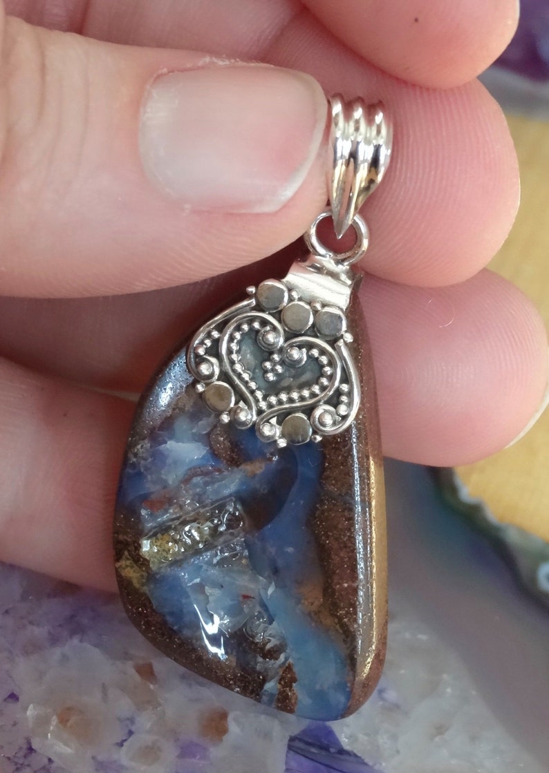 Sterling Silver 18 Chain Natural Stone Necklace NATURAL Genuine Boulder Opal Sterling Silver Pendant Necklace Boulder Opal Necklace