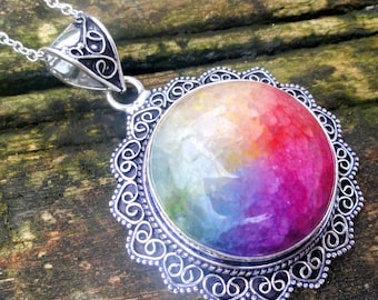 925 - Rainbow Solar Quartz Pendant Necklace, Natural Stone, Silver Multi Color Stone gemstone Pendant, Large Quartz OOAK gemstone statement
