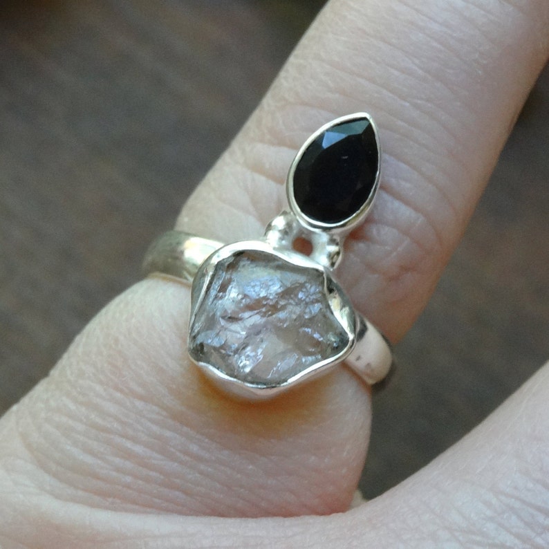 Sterling Silver Natural Herkimer Diamond Black Onyx Ring Size 6 double-terminated quartz crystal ring Natural Stone Ring size 6 Diamond Ring