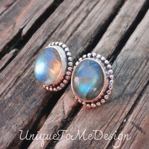 925 - Labradorite Stud Earrings, Sterling Silver Oval Labradorite Studs, Sterling Silver Studs, Labradorite Earrings Flashy Blue Labradorite