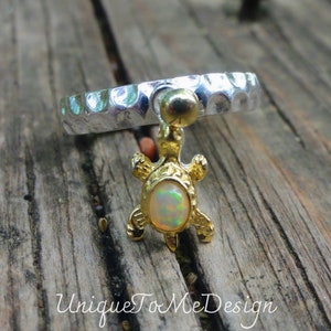 925 - Opal Turtle Dangle Ring Size 8, Sterling Silver, 14k Gold, Handmade Ethiopian Rainbow Opal gemstone Turtle Ring 8, Opal Turtle ring