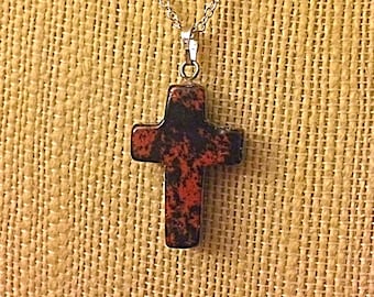 Sterling Silver Natural Mahogany Obsidian CROSS Pendant Necklace - Sterling Silver 18&quot; Chain - Natural Stone Necklace - AGATE -