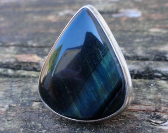 Ring aus Sterlingsilber mit natürlichem blauem Tigerauge, Größe 6,5 – Ring mit Falkenauge-Tigerauge, Größe 6/7