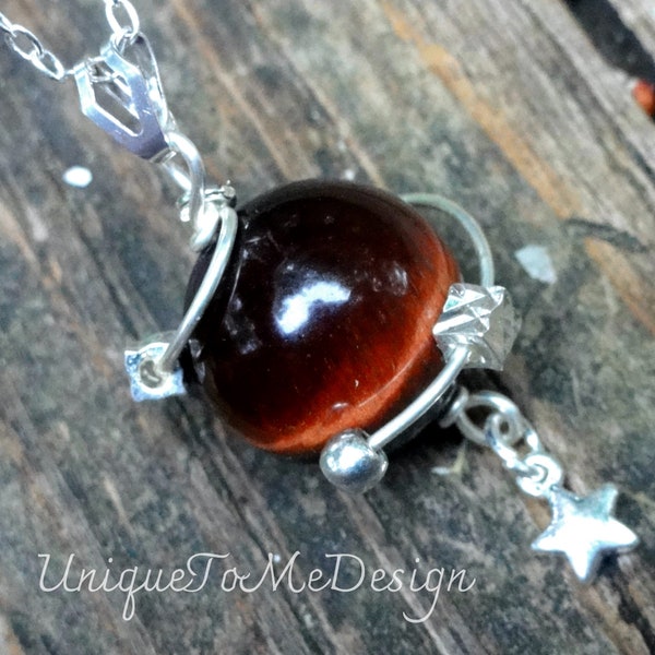 925 - Planet Red Tigers Eye Necklace, Sterling Silver, Natural stone, Celestial Star Gemstone Space Pendant, Sci Fi Astronomy, Mars Saturn