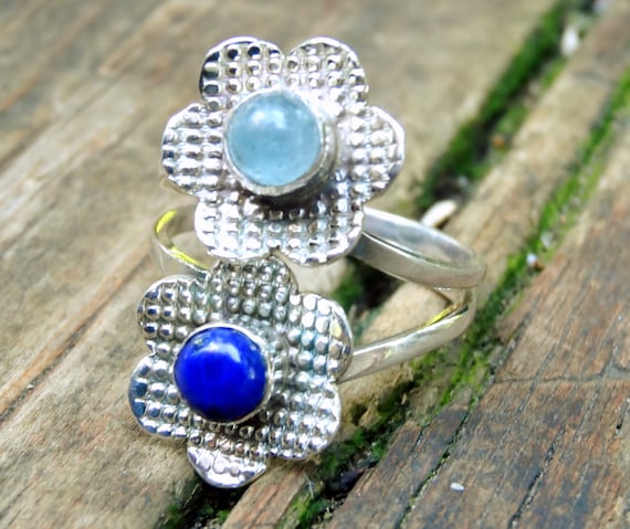925 Aquamarine Blue Lapis Lazuli Ring Size 8 Sterling Silver