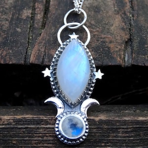 925 - Moons & Stars, Rainbow Moonstone Necklace, Sterling Silver Moonstone Pendant, Celestial Moon Statement, Handmade, Silver Star Necklace
