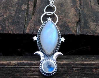 Regenbogen Mondstein Kette: Sterling Silber Mond & Sterne Himmlischer Anhänger