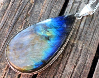 Handmade Sterling Silber Labradorit Anhänger Halskette: Regenbogen Blitz Stein