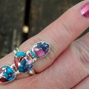 925 - Pink Spiny Oyster in Blue Turquoise Ring Size 7.25, Sterling Silver Natural Spiny Oyster, Handmade Ring 7 8, Blue Purple Multi stone
