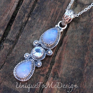 925 - Moonstone & Blue Topaz Necklace, Sterling Silver, Natural stone Rainbow Moonstone Handmade Pendant, Blue Topaz gemstone Necklace