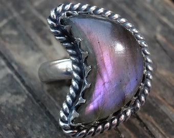 Handmade Sterling Silver Purple Labradorite Moon Ring - Natural Stone