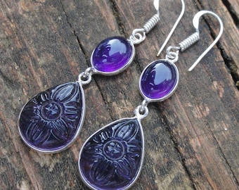 925 - Amethyst Ohrringe, Sterling Silber, natürliche lila Amethyst Edelstein Ohrringe, Naturstein Ohrringe, geschnitzte Stein Ohrringe, handgemacht