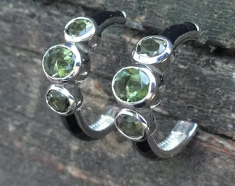 925 - 3ctw Moldavite Earrings, Sterling Silver Faceted Moldavite Hoop Earrings, Genuine Green Moldavite with Black Enamel 19mm Hoops