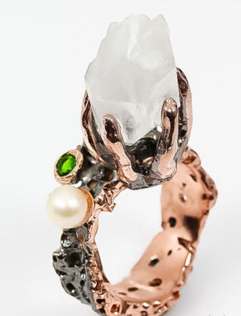 Natural Crystal Quartz 925 Sterling Silver /& 14K Rose Gold Ring Size 8 Handmade Ring boho chic ring size 8 Fine Art Ring