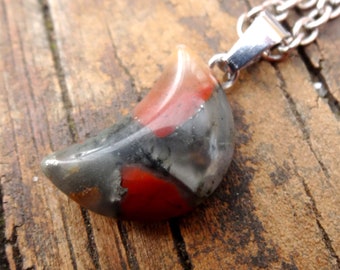 Moon - African Bloodstone stone Sterling Silver Necklace, BloodStone Natural Carved Moon Pendant on Sterling Silver Chain African Bloodstone