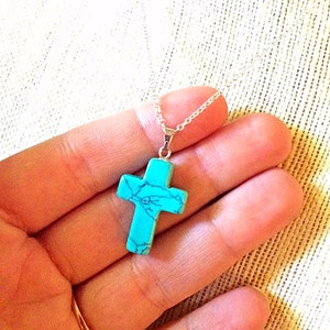 Sterling Silver Natural Genuine TURQUOISE CROSS Pendant Necklace - Sterling Silver 18" Chain - Natural Stone Necklace, 925 Cross pendant