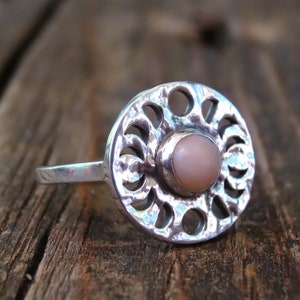 925 - Natural Pink Opal Moon Phase Ring Size 5.5, Sterling Silver, Natural stone, Moon Phase Ring 5 6, Celestial OOAK Pink Opal statement
