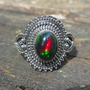925 - AAA Black Opal Ring Size 6, Sterling Silver, Natural gemstone Opal Untreated Rainbow Black Opal gemstone Statement Ring 6 handmade