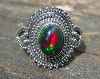Handmade Sterling Silver Black Opal Ring - Size 6