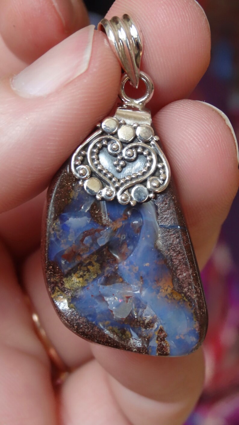 Sterling Silver 18 Chain Natural Stone Necklace NATURAL Genuine Boulder Opal Sterling Silver Pendant Necklace Boulder Opal Necklace