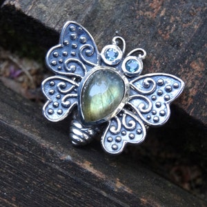 Butterfly, Bohemian Labradorite Ring, Handmade in .925 Sterling Silver, Natural Stone, Blue Topaz, Artisan Made, Blue Green Labradorite