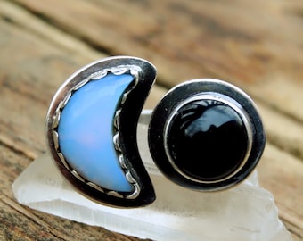 Sterling Silber Opalith Mond & Schwarzer Onyx Ring - Einstellbar