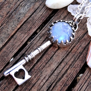 925 - Handmade Key, Rainbow Moonstone Necklace, Sterling Silver, Silver Key Pendant, Statement Moonstone, Skeleton Key Necklace, gemstone