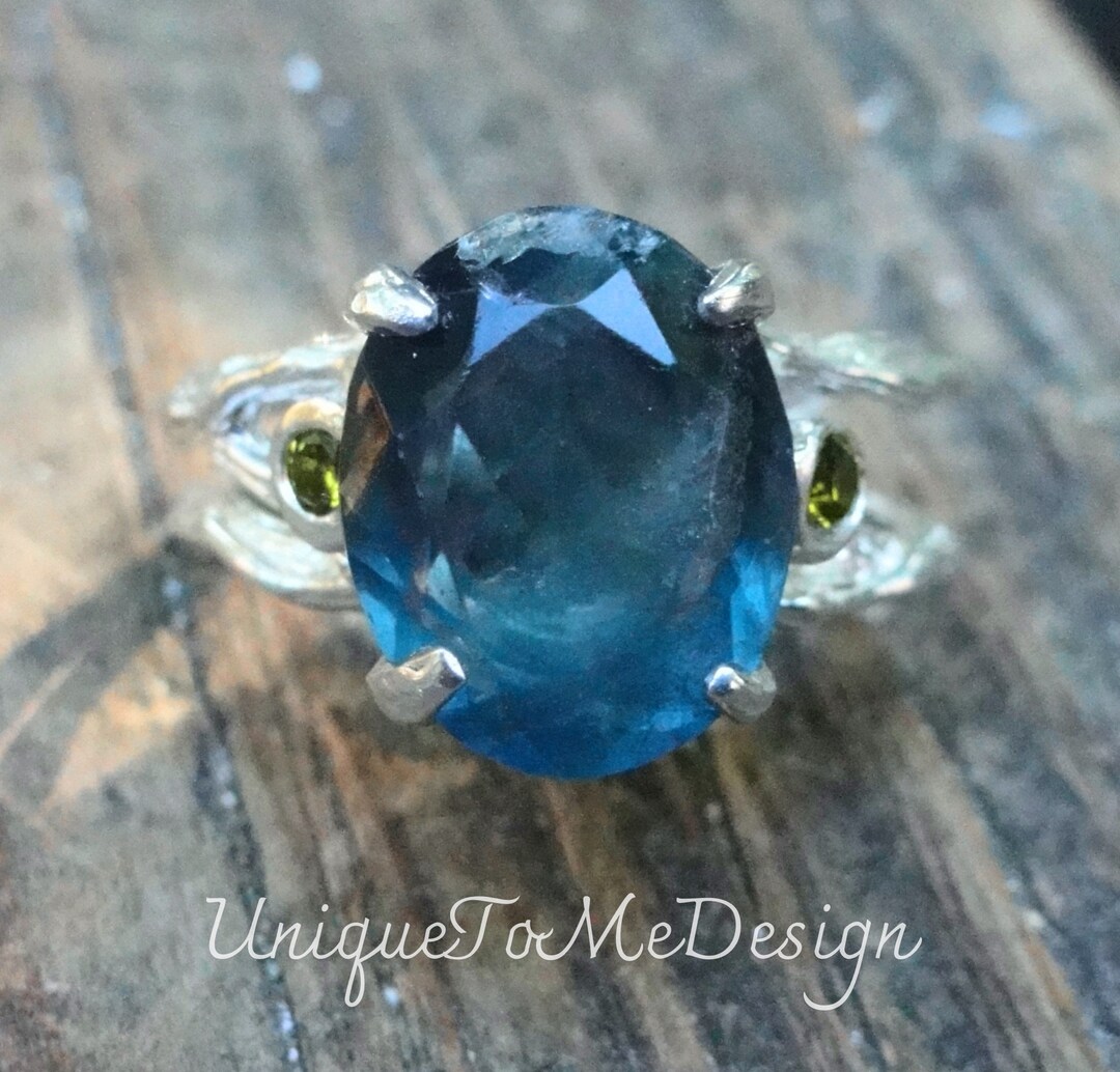 11ctw. RARE Blue Fluorite With Peridot Handmade Ring Size 9, Sterling