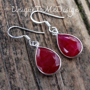 925 - Natural Ruby Earrings, Sterling Silver Dainty Raw Ruby Earrings, Teardrop Ruby dangle earrings, Ruby gemstone earrings