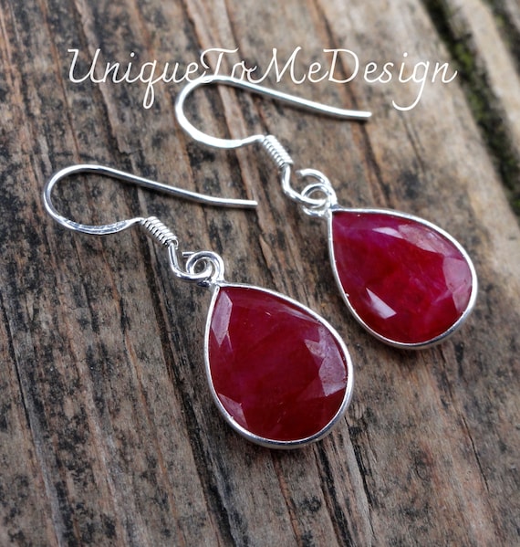 925 - Natural Ruby Earrings, Sterling Silver Dainty Raw Ruby
