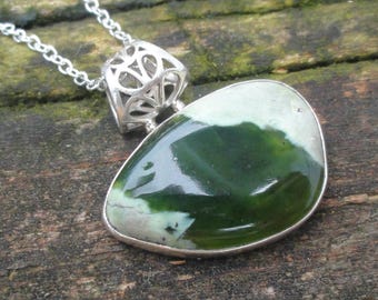 925 Natural Canadian Nephrite Jade Sterling Silver Necklace, 925 Sterling Silver Green Jade Stone Pendant, Handmade Statement Necklace