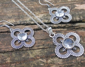 925 - White Topaz Earrings & Necklace, Sterling Silver White Topaz Pendant Necklace, Matching Jewelry Set, Handmade Earrings Necklace