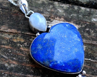 925 - Large Heart Blue Lapis Lazuli Moonstone Necklace, Sterling Silver Rainbow Moonstone Statement Pendant, Natural Stone, Lapis gemstone