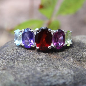 Multi Gemstone 925 Sterling Silver Ring, Chakra Ring, 5 Stone Rainbow ring, Garnet, Peridot, Rhodolite Garnet, Blue Topaz, Amethyst Ring