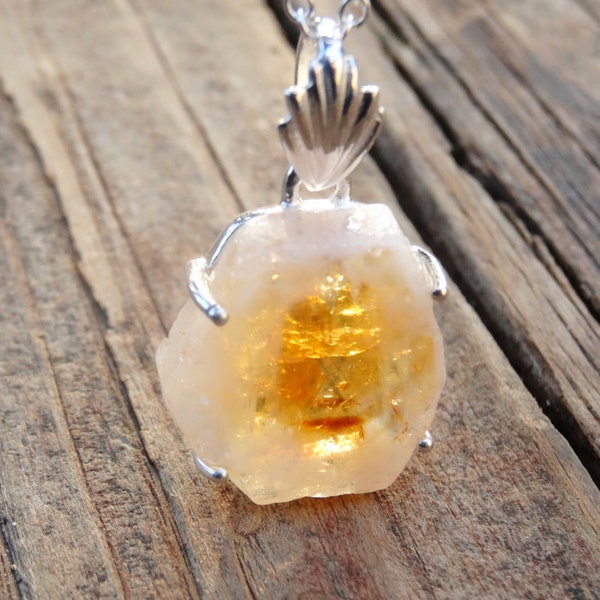 925 - Raw Citrine Slice Necklace, Sterling SIlver Natural Stone, Citrine Pendant, Raw Citrine Stone Necklace, Silver gemstone Statement