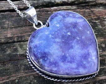 925 - Purple Lepidolite Heart Necklace, Sterling Silver, Natural stone, Lilac Lepidolite, Purple Gemstone Statement Heart Pendant, OOAK