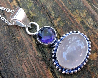 Collar con colgante de cuarzo rosa y amatista en plata de ley hecho a mano