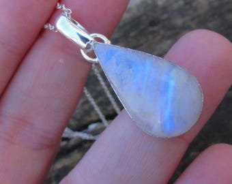 925 - Regenbogen Mondstein Halskette, Sterling Silber, Naturstein Anhänger, Boho Handgemacht, Mondstein Statement Kette, Auffälliger Mondstein