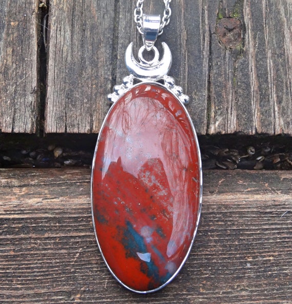 Sterling Silver Large Bloodstone Pendant Necklace Sterling Silver Large Bloodstone Pendant Necklace