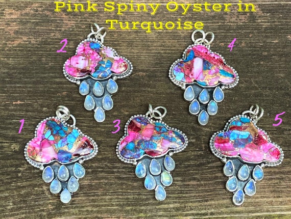 925 - Rain Cloud, Carved Stone Necklace, Sterling Silver Rainbow Moonstone, Pink Spiny Oyster in Turquoise Pendant, Handmade Statement
