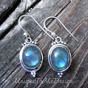 925 - Labradorite Earrings, Sterling Silver, Natural Stone, Blue Green Labradorite Dangle Earrings, Labradorite Oval Handmade Earrings