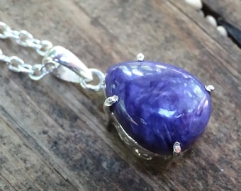 Handmade Sterling Silver Charoite Teardrop Pendant Necklace – Bohemian Jewelry