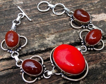 925 - Red Coral & Orange Carnelian Bracelet, Natural Stone, Sterling Silver gemstone bracelet, Red Coral, Carnelian Statement bracelet