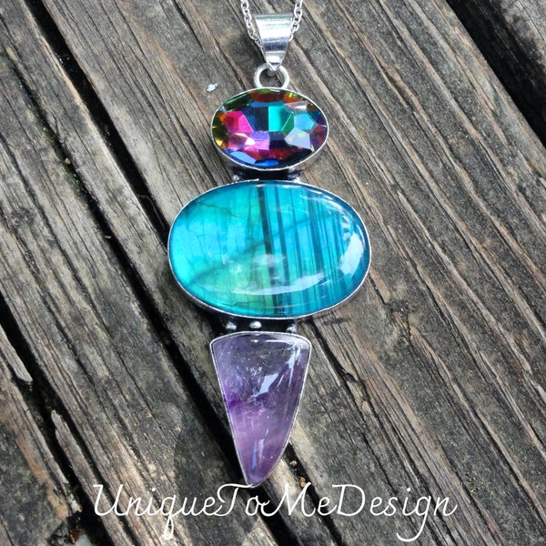 925 - Flashy Labradorite, Auralite & Rainbow Mystic Topaz Necklace, Sterling Silver, Natural Stone, Gemstone Pendant, Large Labradorite