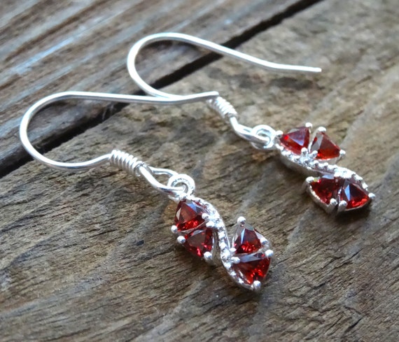 Dainty Red Garnet Sterling Silver Earrings, Trillion Garnet